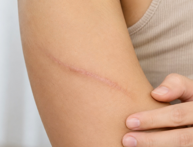 A close-up shows a flat, linear scar along the upper arm.